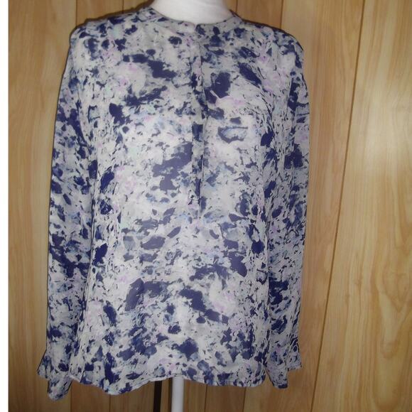 A New Approach Blue High Neck Long Sleeve Sheer Top L Petite - Picture 1 of 5